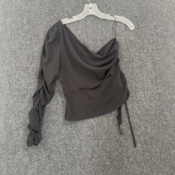 Zara Top Women's Medium Black Asymmetric Long Sleeve Drape Ruched One Shoulder - Picture 1 of 9